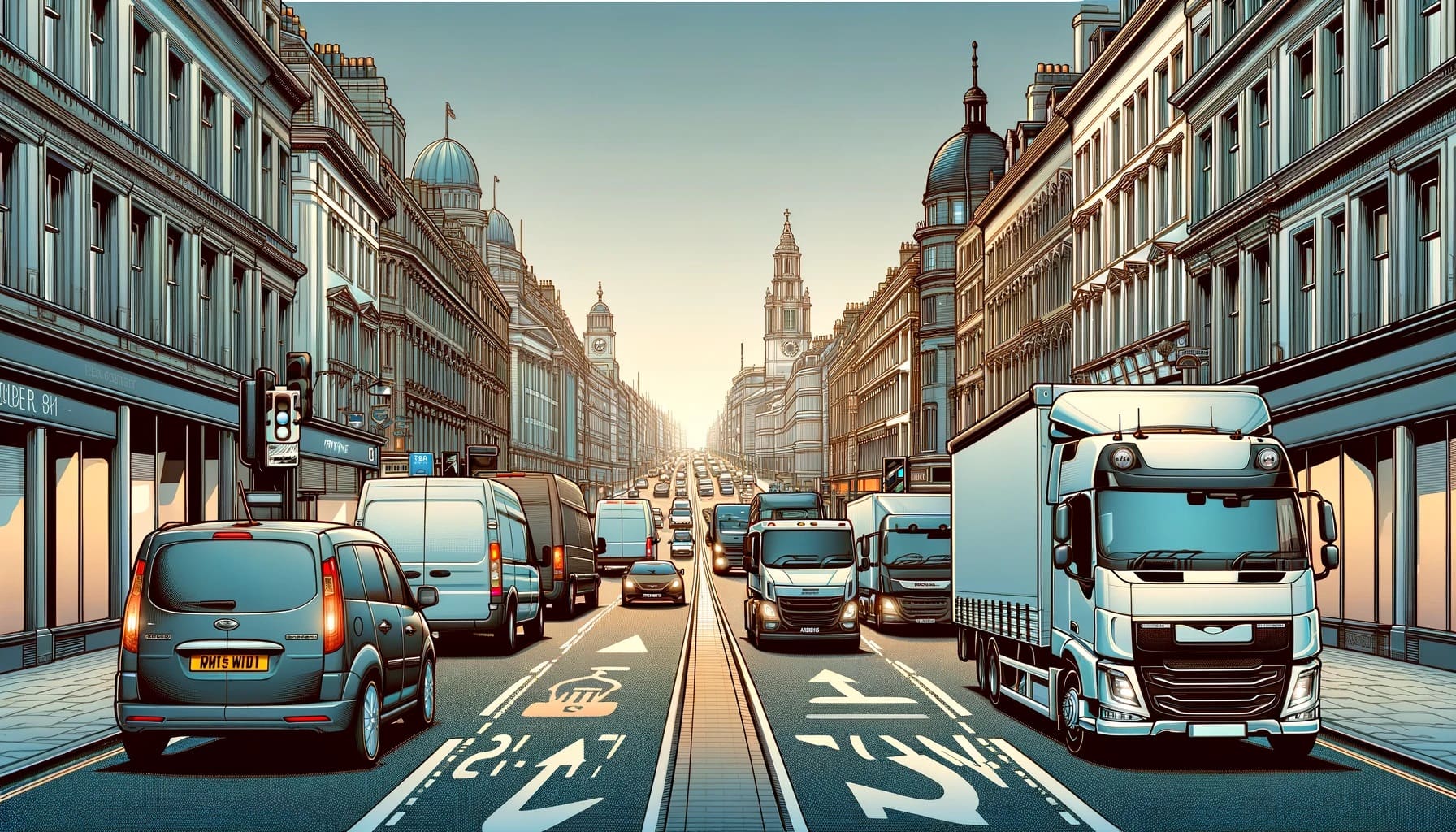 A fleet of commercial diesel vehicles dominates a broad UK city street, 