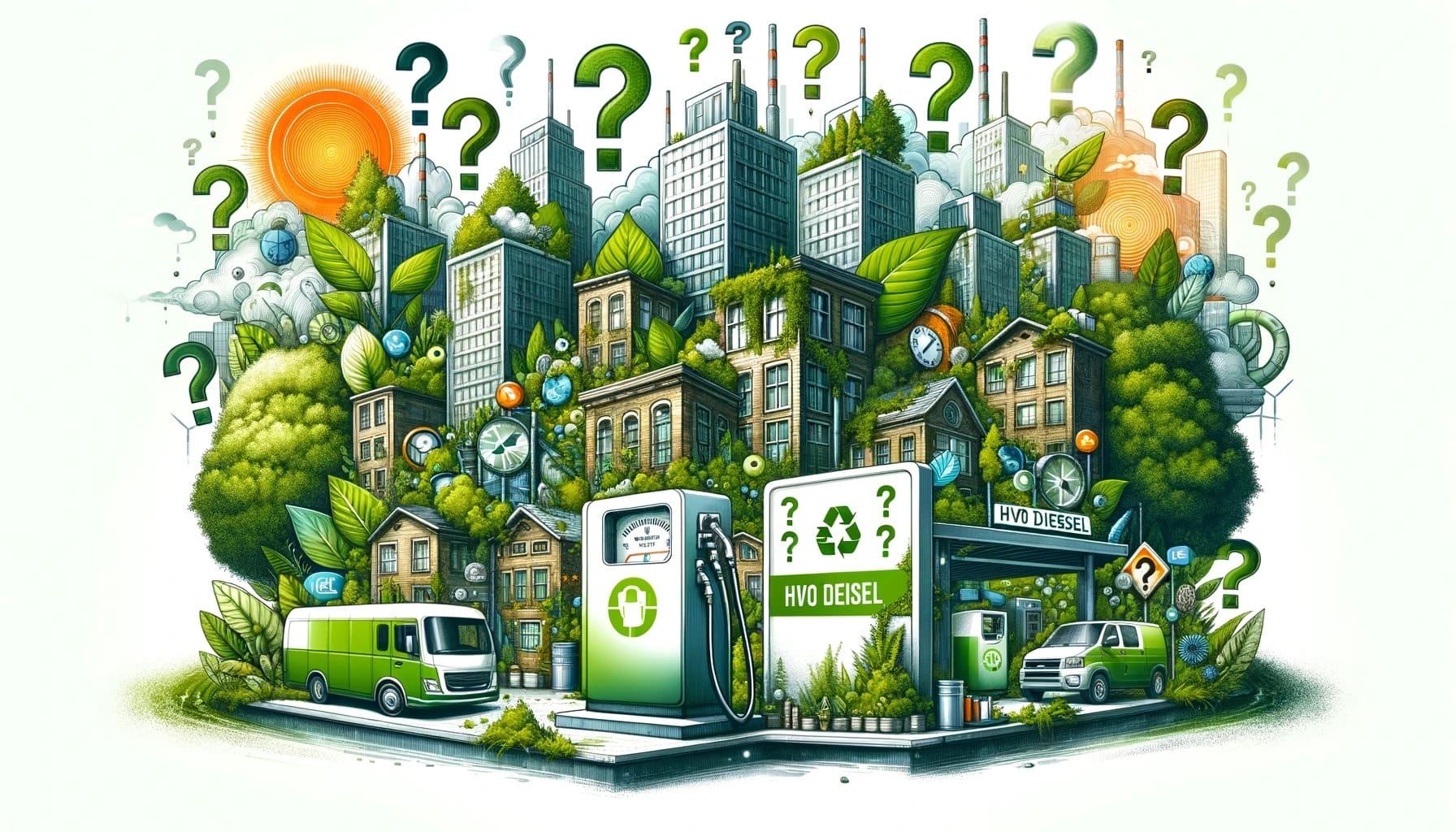 An illustrative scene combines HVO diesel pumps and green architecture, dotted with question marks that embody common inquiries about sustainable fuel in an eco-conscious city.