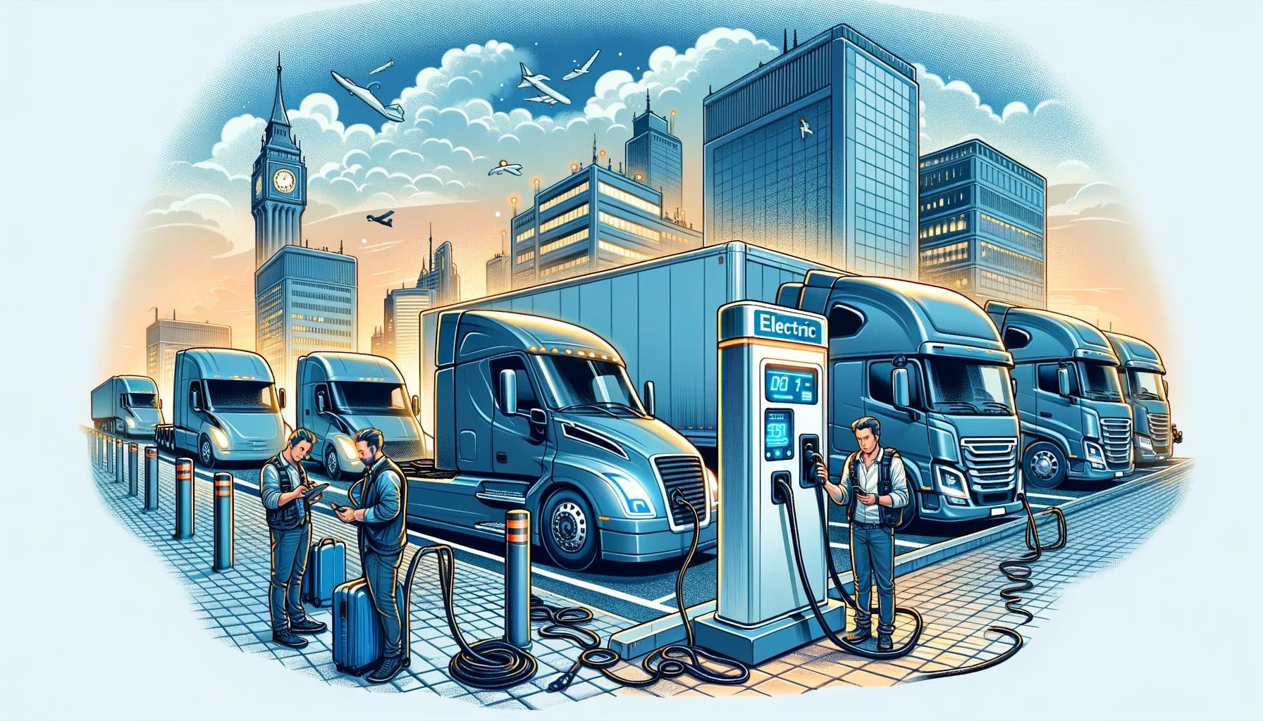 An illustrated scene at an urban electric charging station for commercial vehicles, showing several electric semi-trucks lined up for charging. One truck is connected to a charger, with its driver looking impatiently at his watch, signifying long charging durations. Surrounding drivers engage in casual activities to pass the time, reflecting on the practical delays and infrastructure challenges faced in transitioning to electric power. The futuristic cityscape in the background contrasts with the current limitations of electric technology for commercial transport, emphasizing the gap between potential and present capabilities.