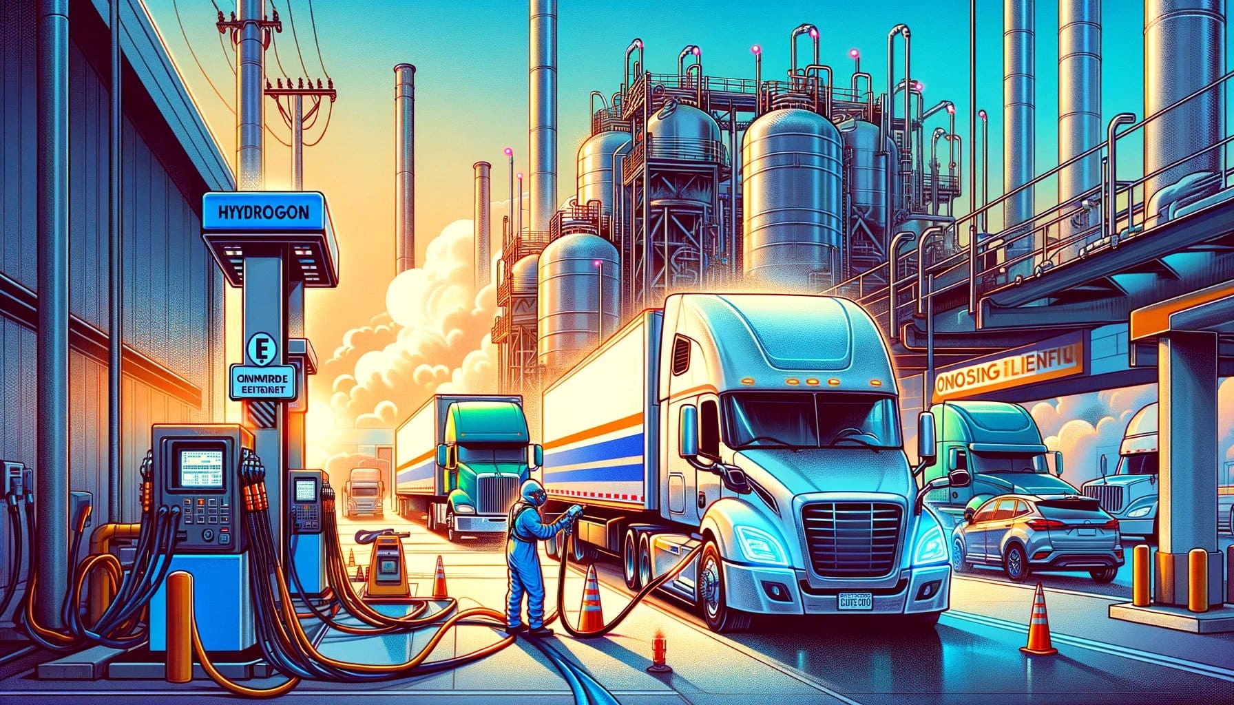 An illustrative depiction of an onsite hydrogen refueling station set within an industrial backdrop, where a semi-truck is being refueled through specialized, high-pressure equipment by a driver wearing protective gear. Other commercial vehicles wait in line for their turn, highlighting the scarcity and logistical challenges of onsite hydrogen infrastructure for commercial transportation. This scene conveys the specialized nature of hydrogen refueling and the hurdles faced in integrating it into the current logistics framework, all rendered in a detailed, vibrant illustrative style.