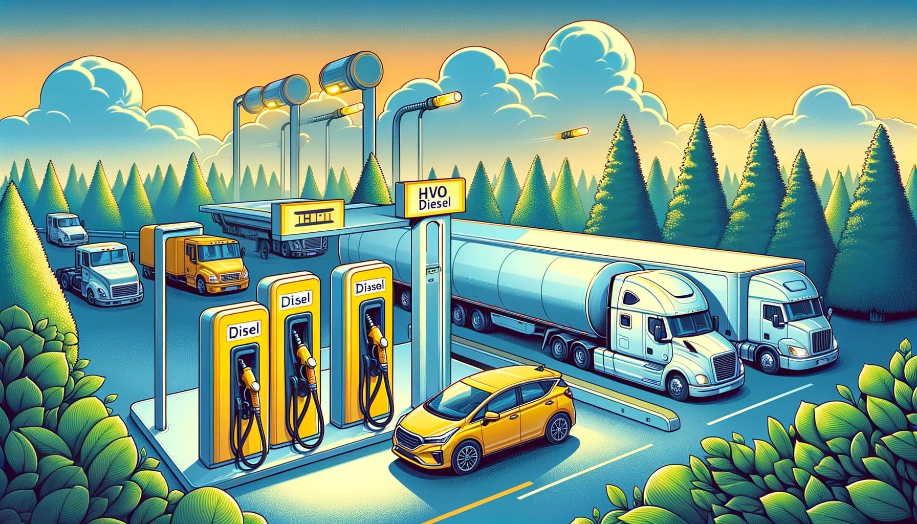 A vibrant, wordless illustration in a 16:9 format showcasing commercial vehicles, including semi-trucks, buses, and delivery vans, being refueled with HVO diesel at a station equipped with distinctive yellow fuel nozzles. This scene highlights the sustainability and efficiency of HVO diesel, emphasizing its role in reducing emissions and supporting the environmental goals of the commercial transportation sector. The absence of cars and textual elements focuses attention on the practicality and environmental benefits of HVO diesel for commercial fleets, conveying a sense of optimism for its future in green transportation.