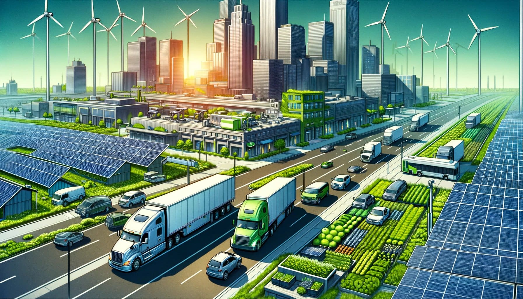 A wordless illustration in a 16:9 format depicting a modern urban environment where commercial vehicles, including semi-trucks, buses, and delivery vans, seamlessly blend with renewable energy infrastructures like solar panels and wind turbines. The scene minimizes greenery to emphasize the city's adaptation to renewable fuel sources, portraying a realistic future of urban sustainability. This detailed, vibrant portrayal showcases the harmony between commercial transportation and advanced energy solutions, highlighting the practical application and impact of renewable fuels on urban development.