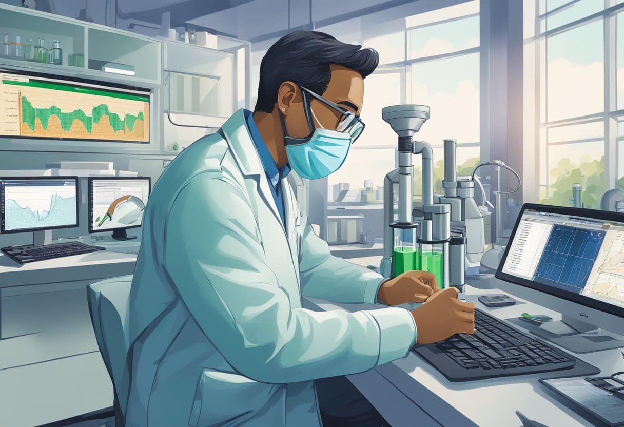 scientist-examines-test-tube-of-hvo-diesel A scientist examines a test tube of HVO Diesel, surrounded by lab equipment and a computer displaying environmental impact data