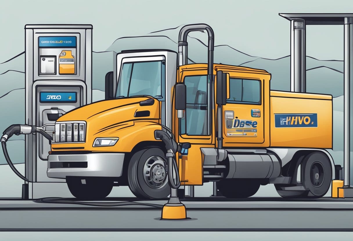truck-refuel-hvo-diesel-gas-station A truck refuels with HVO diesel at a gas station. The nozzle is inserted into the tank as the fuel flows, while a sign nearby explains the benefits of using HVO diesel