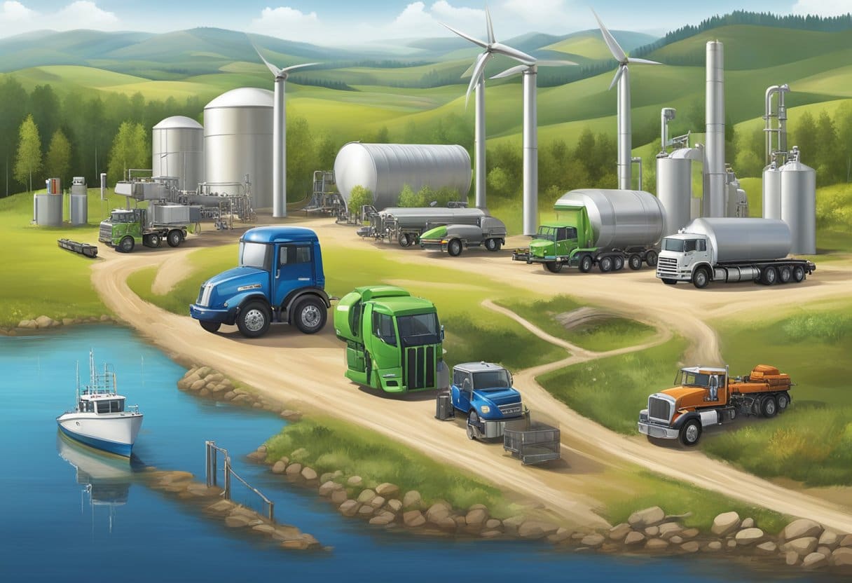 Fuelling-landscape-with-mix-industrial-and-natural A landscape with a mix of industrial and natural elements, including fuel pumps, renewable energy sources, and a clear distinction between traditional diesel and HVO diesel