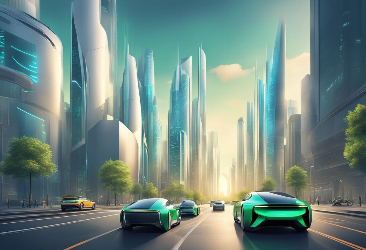 futuristic-city-skyline-vehicles-powered-by-hvo-diesel A futuristic city skyline with sleek, energy-efficient vehicles powered by HVO Diesel driving through the streets. Advanced infrastructure and green technology symbolize innovation and progress