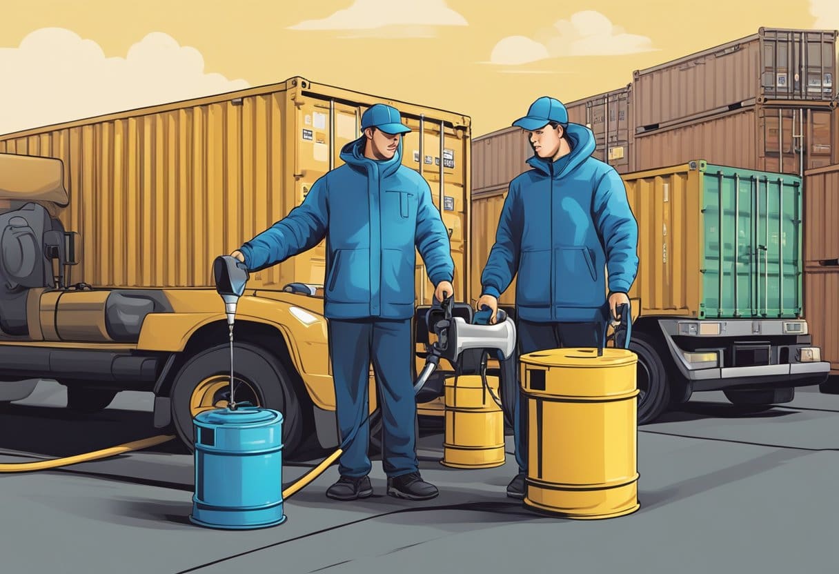 A person mixing diesel with HVO fuel into separate containers, with a questioning expression on their face