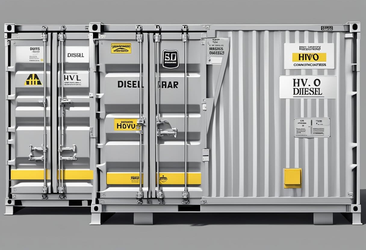 Regular Diesel and HVO Diesel containers with clear labels. One container labeled "Regular Diesel" and another labeled "HVO Diesel." Both containers are positioned next to each other