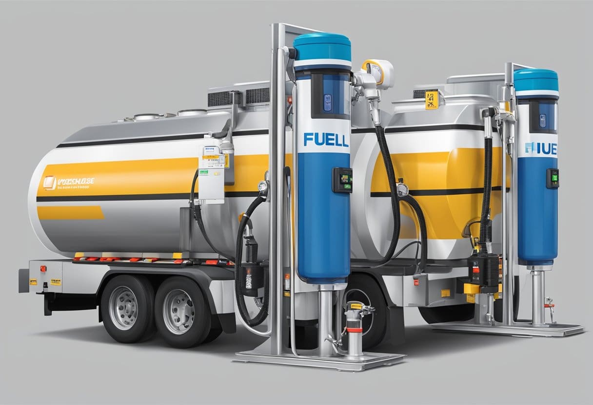 A fuel pump dispensing regular diesel and HVO diesel into separate containers, with a clear label indicating the advantages of mixing the two fuels