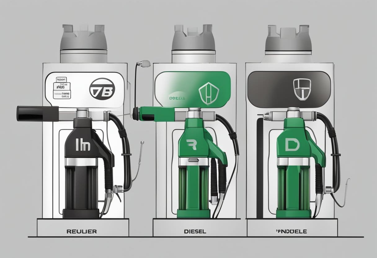 A fuel pump with two distinct nozzles, one labeled "regular Diesel"; and the other "HVO Diesel" 