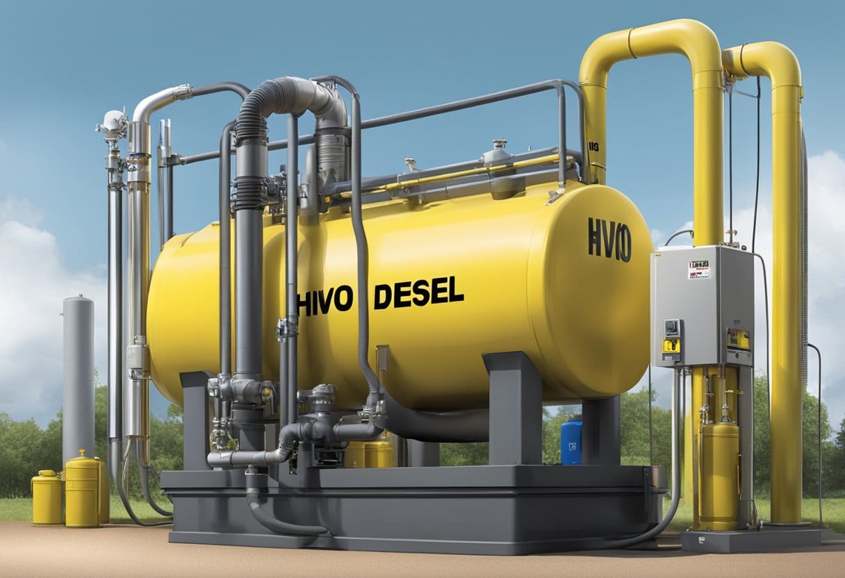 A fuel storage tank labeled "HVO Diesel"; with a pump nozzle inserted and fuel flowing into the tank