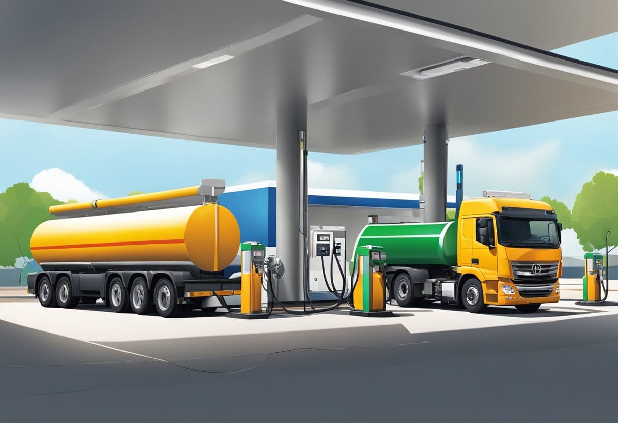 A fuel tanker connects to a pump at a gas station, filling up with HVO diesel for strategic integration