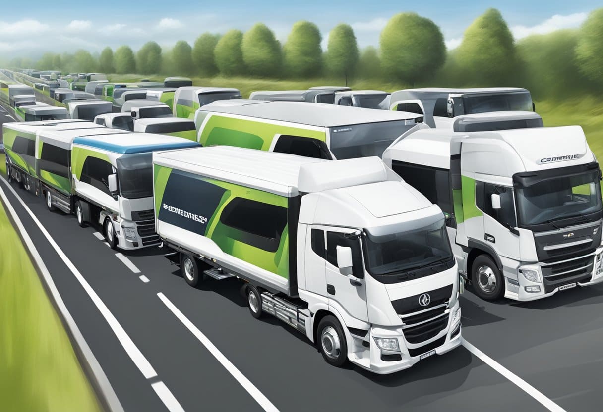 A fleet of commercial vehicles powered by HVO Fuel, with clean exhaust and improved engine performance, driving along a busy highway