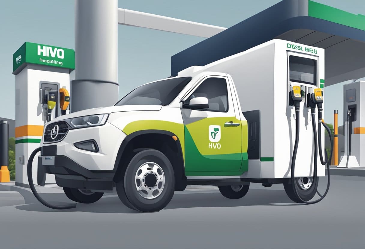 A commercial vehicle refueling with HVO Fuel at a modern gas station. The pump nozzle is inserted into the vehicle's fuel tank, with the HVO Diesel label clearly visible