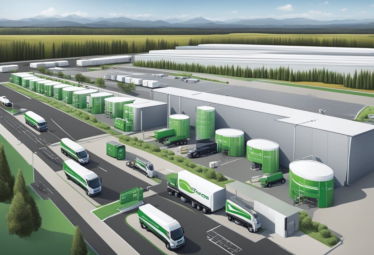 A fleet of commercial vehicles refueling with HVO diesel at a modern distribution center, showcasing the efficiency and environmental benefits of this sustainable fuel choice